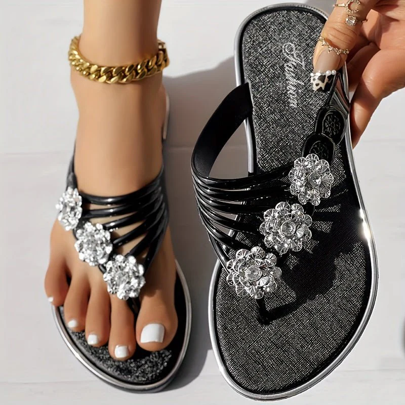 Dames Teenslippers – Strass Bloemen en Metallic Bandjes