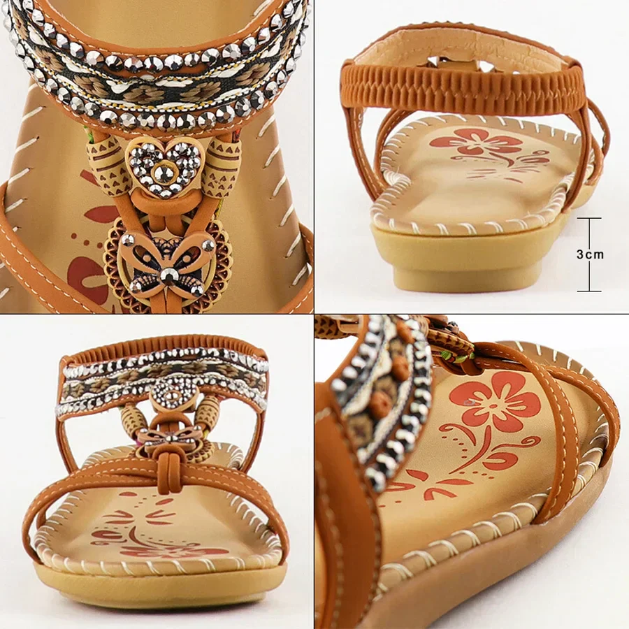 Dames Sandalen – Etnisch Geïnspireerde Zomerslippers met Elastische Band en Decoratieve Kralen