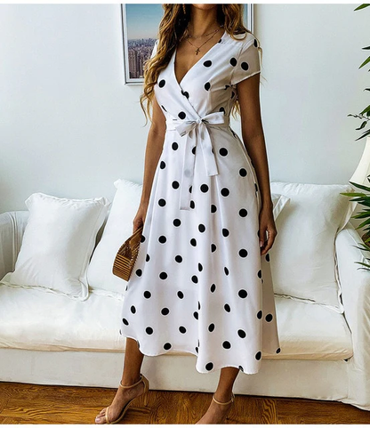Damesjurk - Midi Lengte - V-Hals - Polkadot Print - Strikdetail