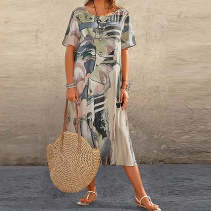 Dames Zomerse Midi Jurk – Losvallend model met abstracte print en korte mouwen