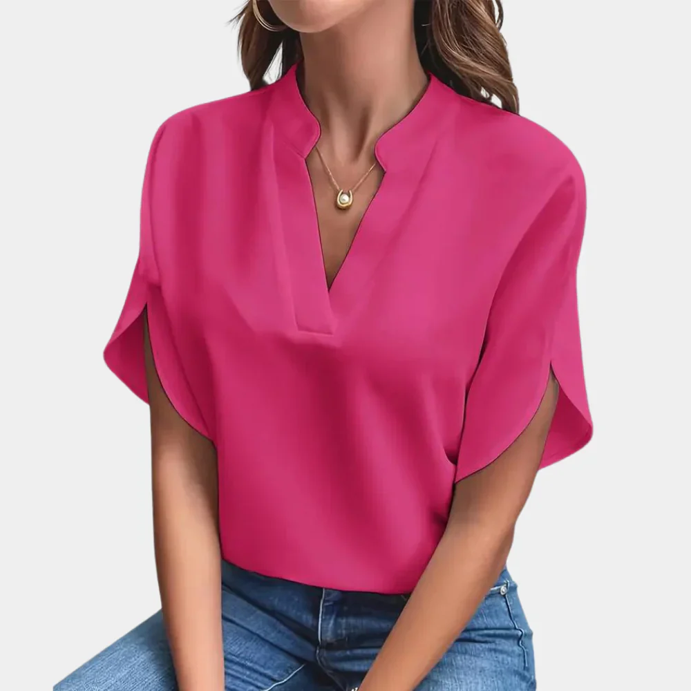 Blouse met V-hals en Korte Mouwen – Minimalistische Elegantie voor Elke Dag