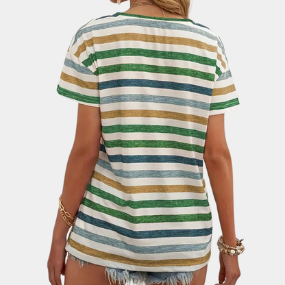 Gestreept dames T-shirt met V-hals – Korte mouwen en rechte pasvorm
