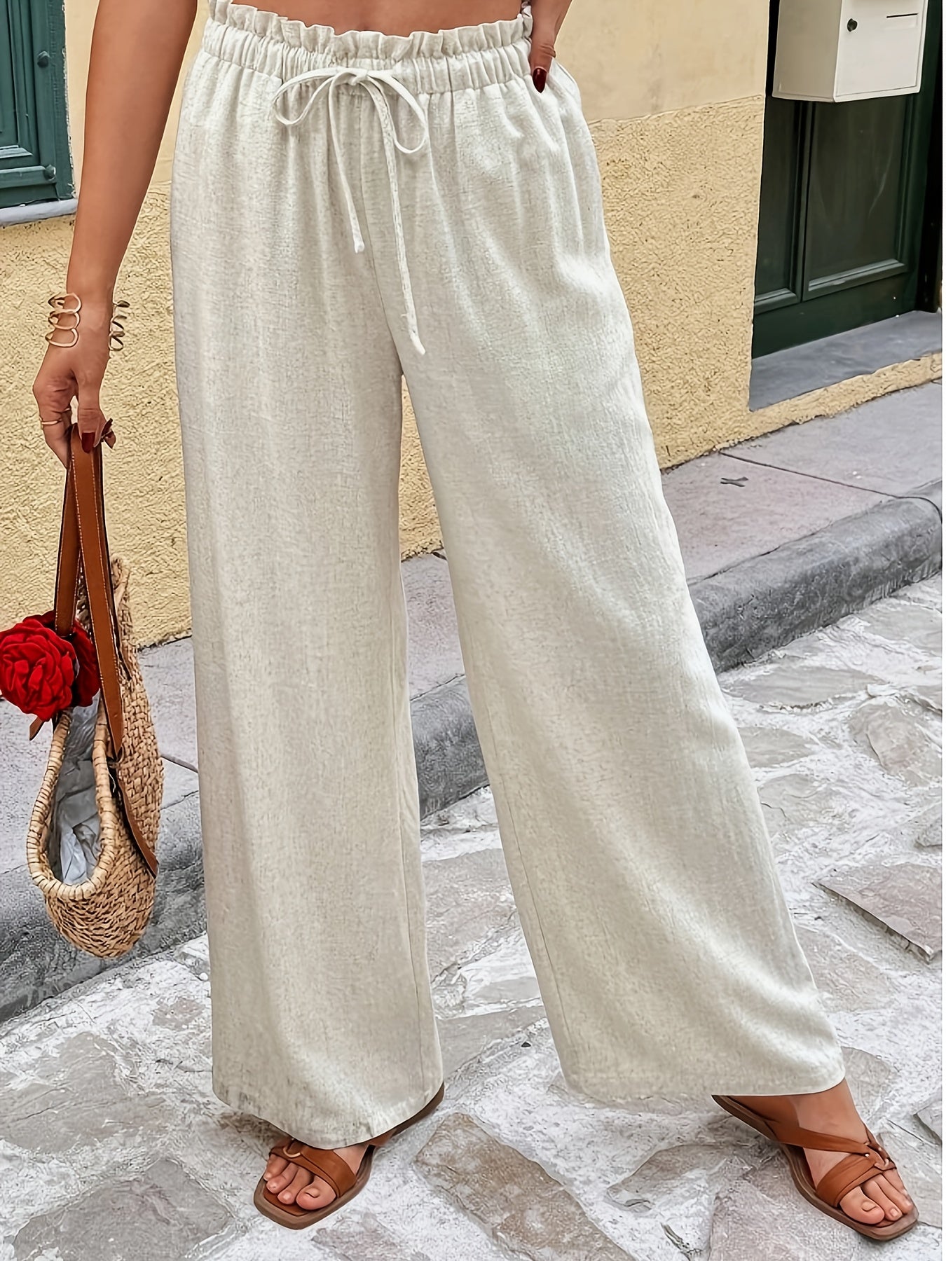 Dames broek – Rechte broek met elastische taille in linnenmix