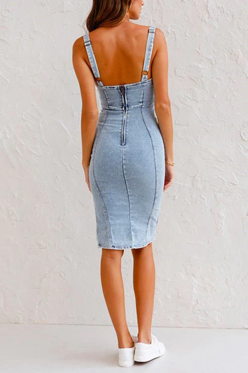 Denim bodycon jurk – Mouwloos model met split en korsetlook