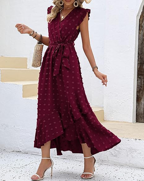 Maxi-jurk met structuurstof en ruches – Elegante zomerjurk met V-hals en strikceintuur