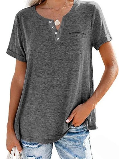 Dames T-shirt – Casual T-shirt met knoopdetail en borstzakje