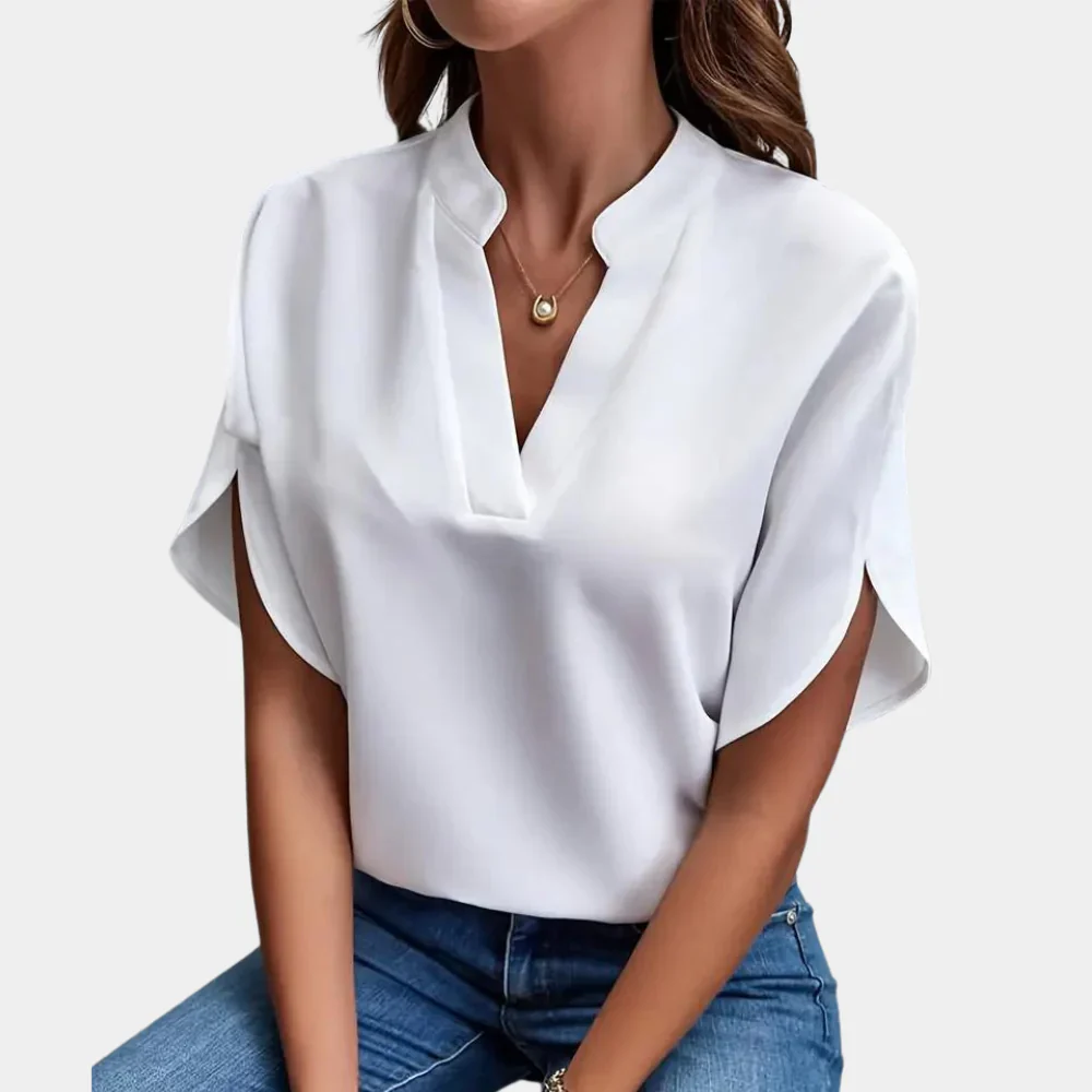 Blouse met V-hals en Korte Mouwen – Minimalistische Elegantie voor Elke Dag