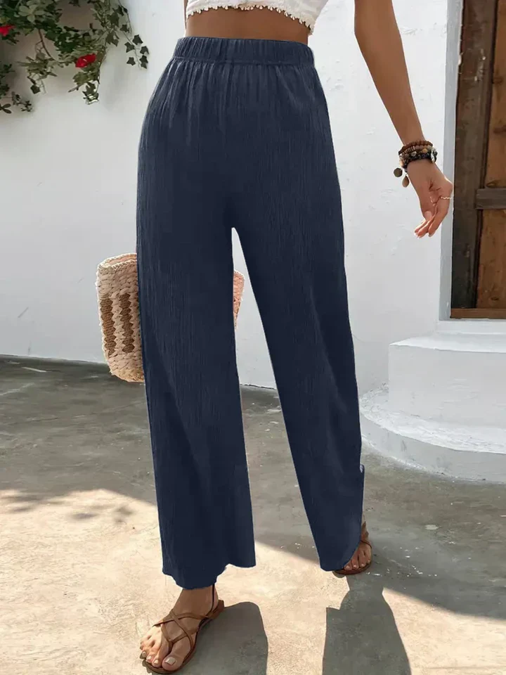 Dames broek – Wijde plissébroek met elastische tailleband