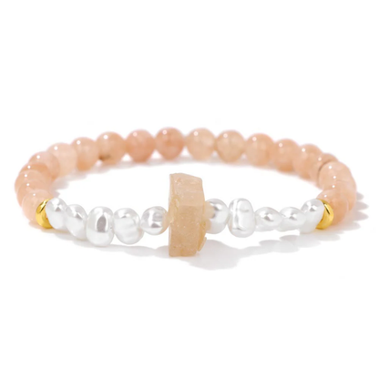 Dames Armband – Elastische Armband met Kruisvormige Natuursteen en Parelaccenten
