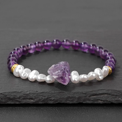 Dames Armband – Elastische Armband met Kruisvormige Natuursteen en Parelaccenten