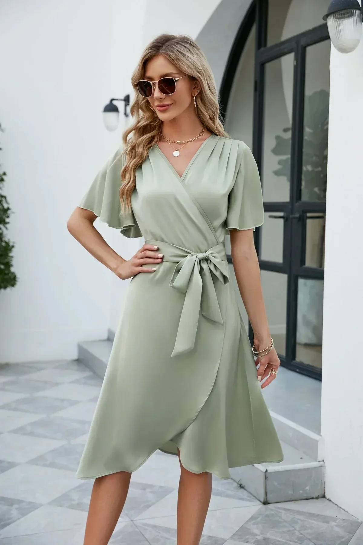 Elegante Wikkeljurk Dames – Korte Zomerjurk met V-Hals en Strikceintuur