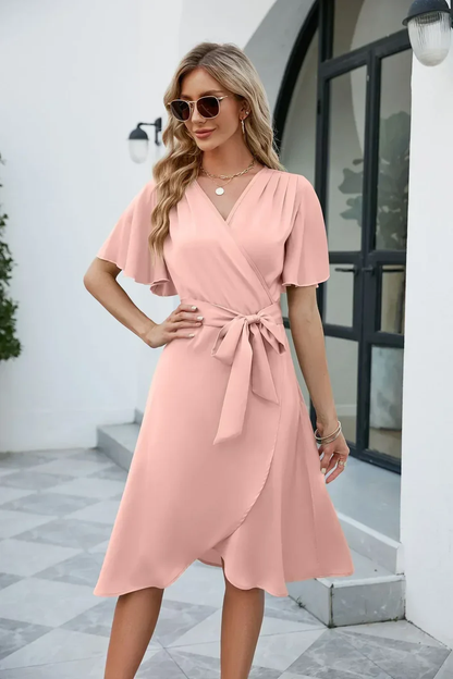 Elegante Wikkeljurk Dames – Korte Zomerjurk met V-Hals en Strikceintuur
