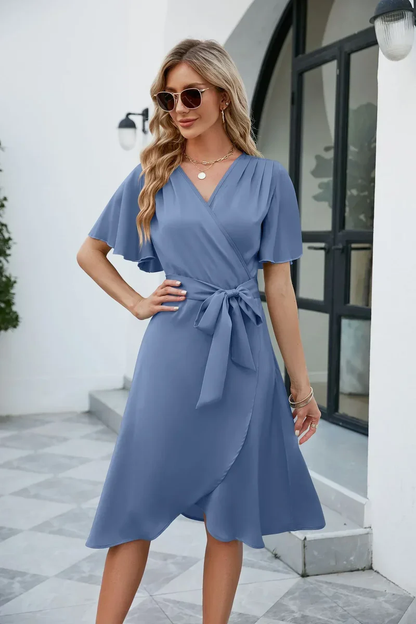 Elegante Wikkeljurk Dames – Korte Zomerjurk met V-Hals en Strikceintuur