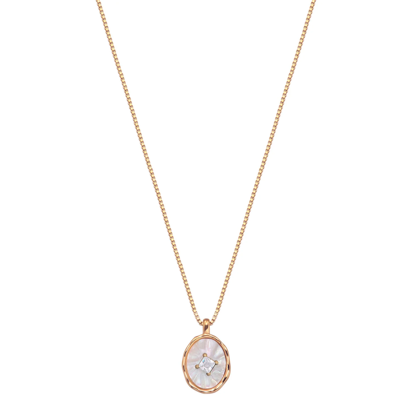 Dames ketting – Ronde hanger met parelmoerlook en centrale zetting