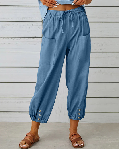 Dames Losse Broek – Luchtige Katoenmix met Elastische Taille en Knoopdetails