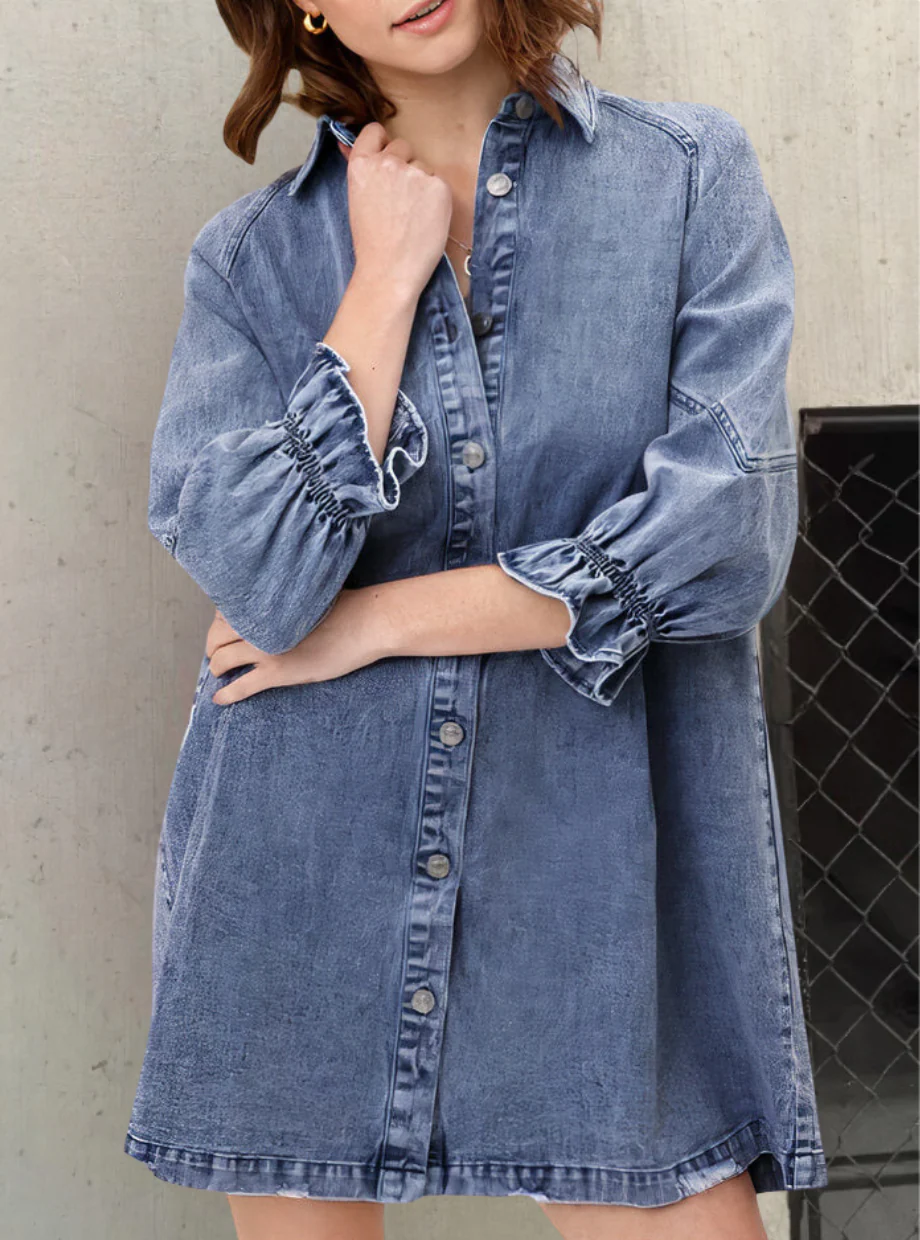 Dames Spijkerjurk met Knoopsluiting – Casual Denim Jurk met Lange Mouwen en Kraag