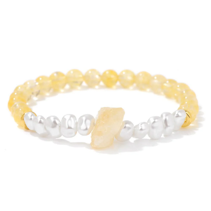 Dames Armband – Elastische Armband met Kruisvormige Natuursteen en Parelaccenten