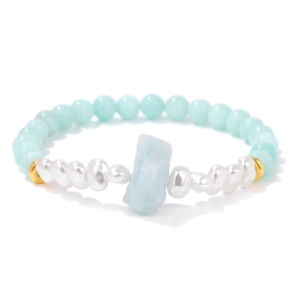 Dames Armband – Elastische Armband met Kruisvormige Natuursteen en Parelaccenten
