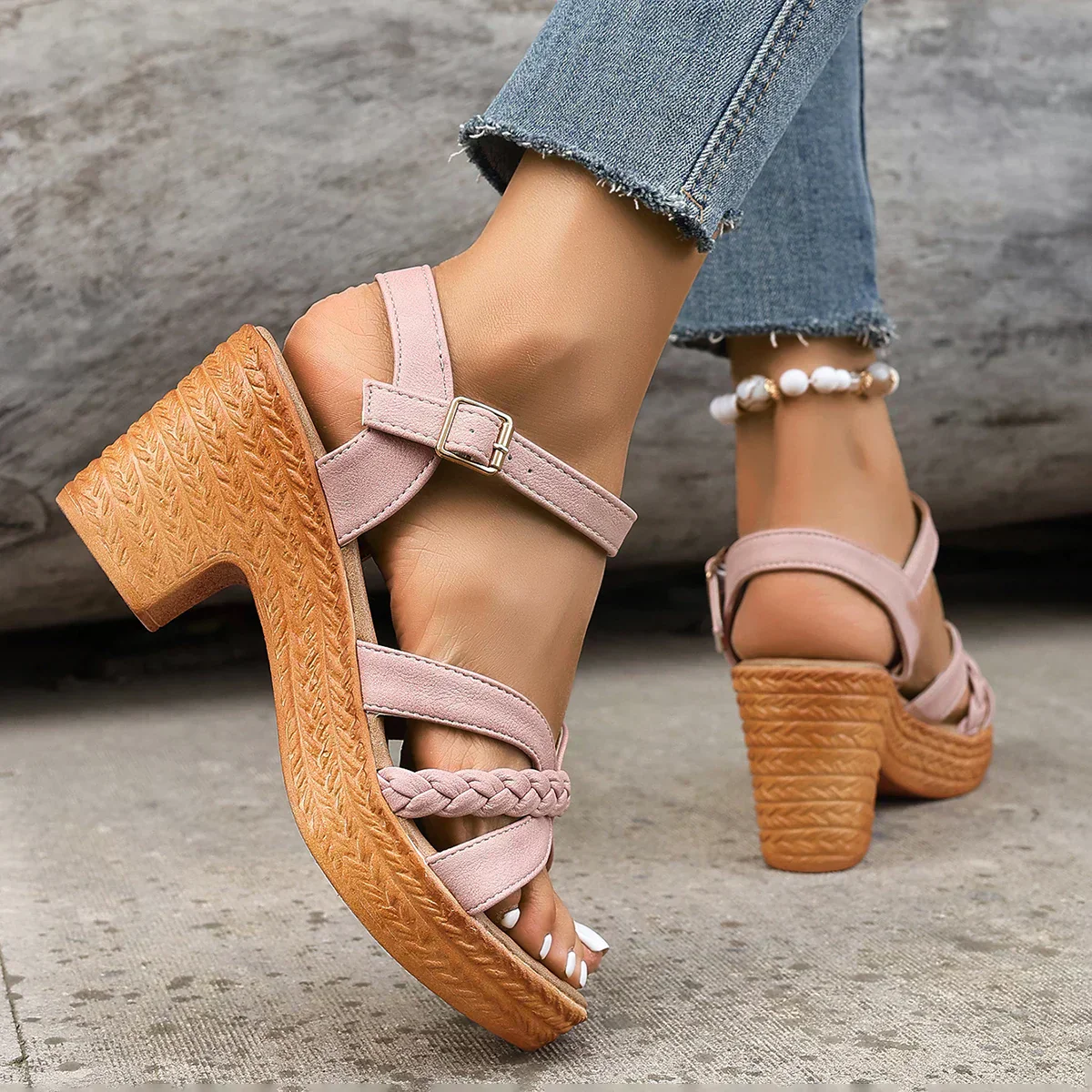 Dames Sandalen met Hoge Hak - Gevlochten Teensandalen met Riemsluiting