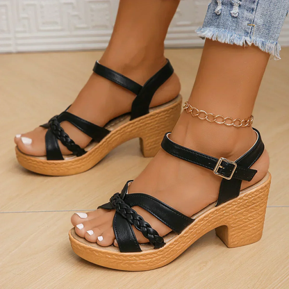 Dames Sandalen met Hoge Hak - Gevlochten Teensandalen met Riemsluiting