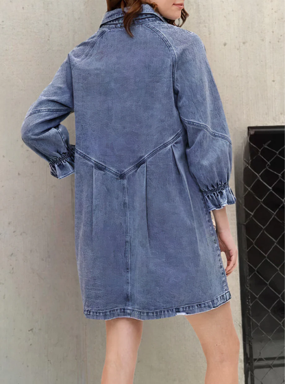 Dames Spijkerjurk met Knoopsluiting – Casual Denim Jurk met Lange Mouwen en Kraag
