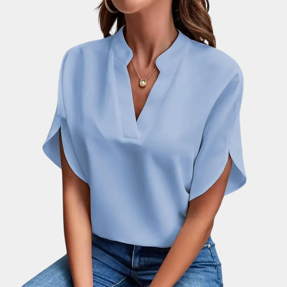 Blouse met V-hals en Korte Mouwen – Minimalistische Elegantie voor Elke Dag
