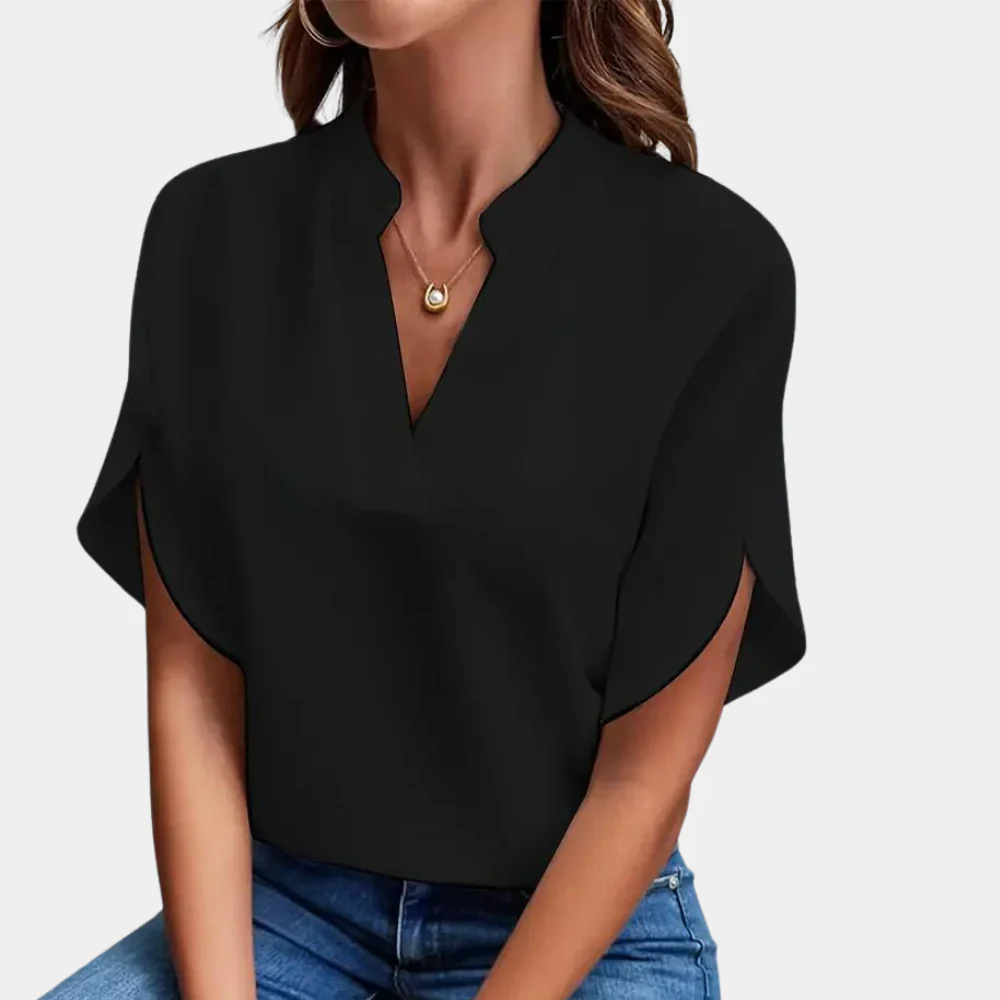 Blouse met V-hals en Korte Mouwen – Minimalistische Elegantie voor Elke Dag