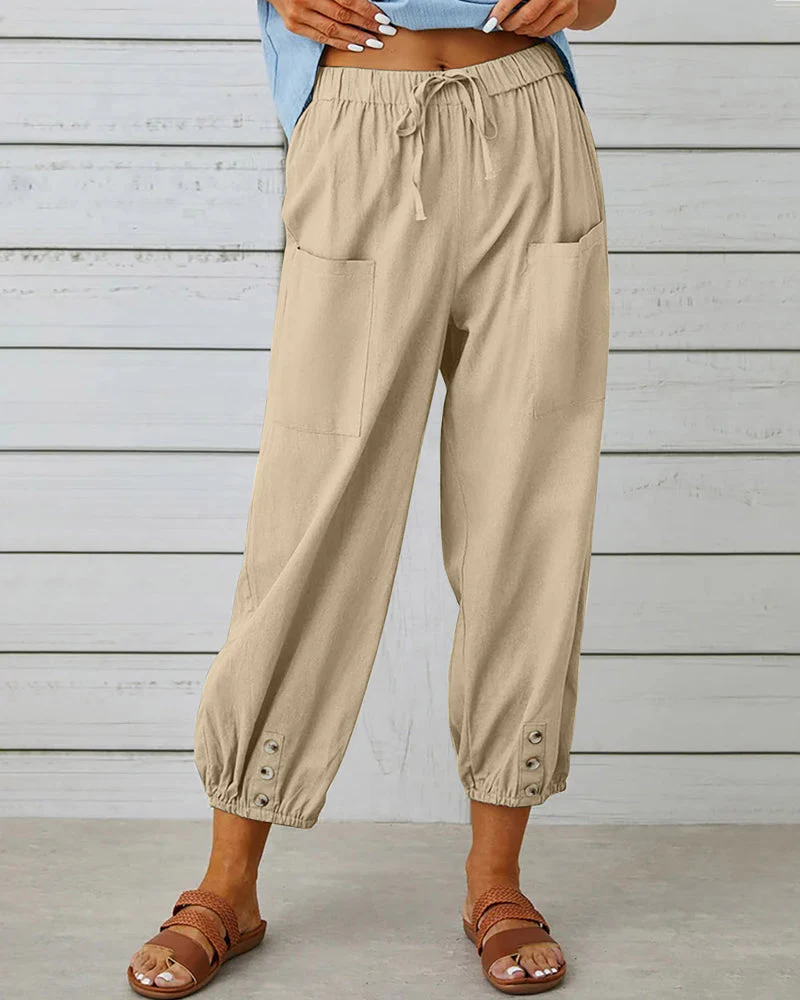 Dames Losse Broek – Luchtige Katoenmix met Elastische Taille en Knoopdetails