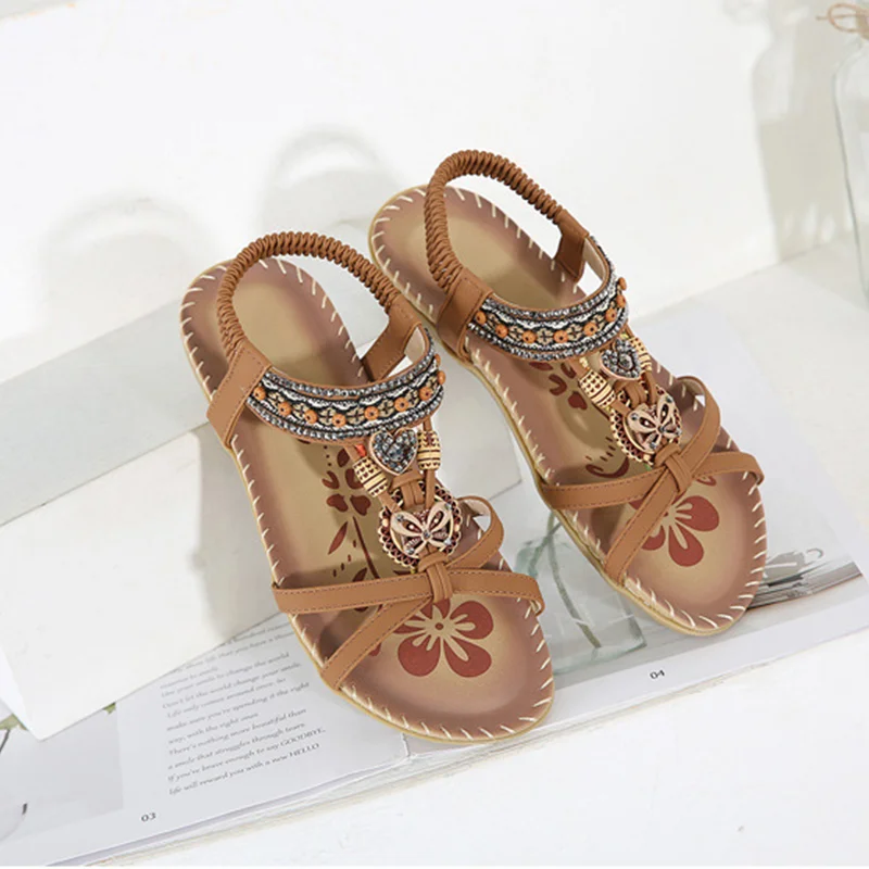 Dames Sandalen – Etnisch Geïnspireerde Zomerslippers met Elastische Band en Decoratieve Kralen