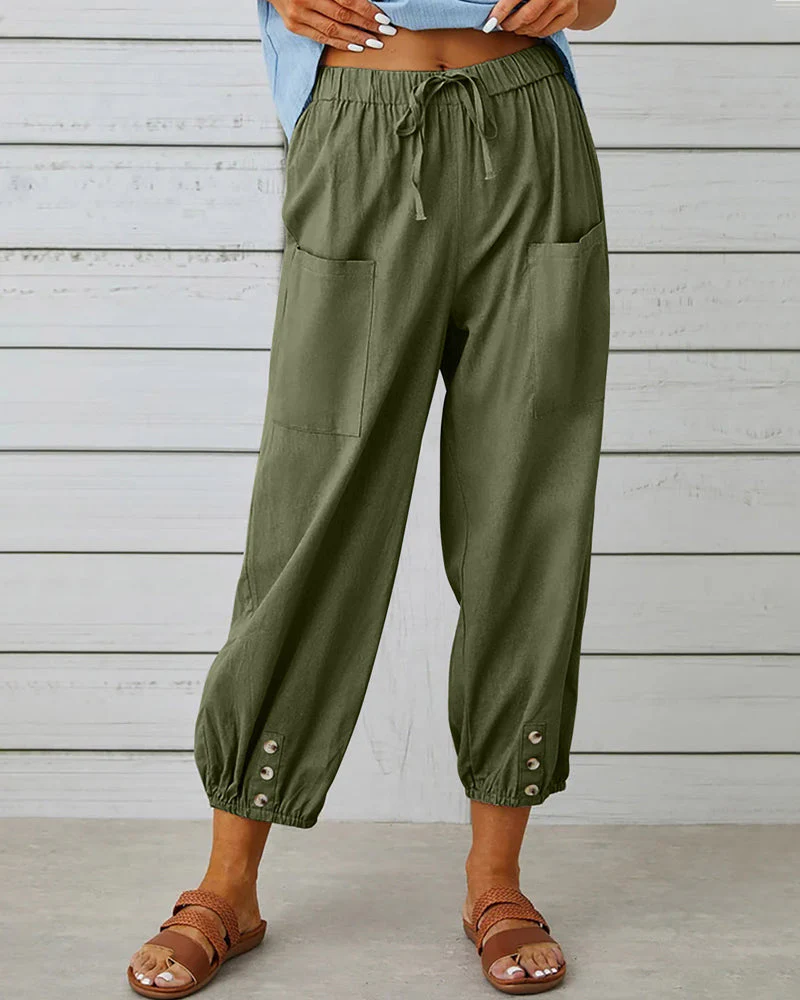 Dames Losse Broek – Luchtige Katoenmix met Elastische Taille en Knoopdetails