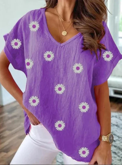Dames Zomertop - Korte Mouwen - V-Hals - Bloemenprint