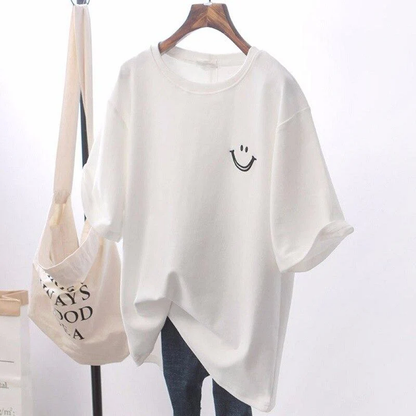 Dames T-shirt - Oversized Pasvorm - Ronde Hals - Smileyprint