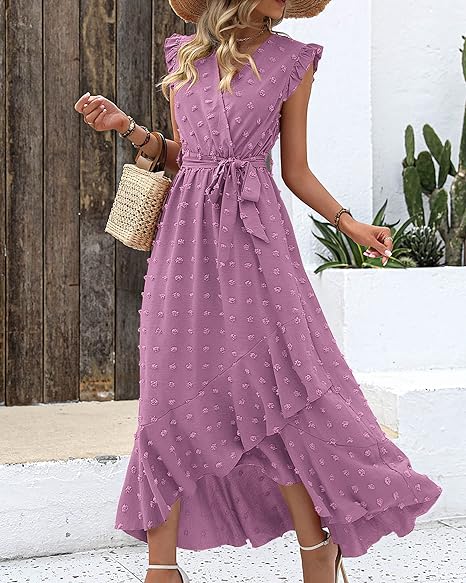 Maxi-jurk met structuurstof en ruches – Elegante zomerjurk met V-hals en strikceintuur