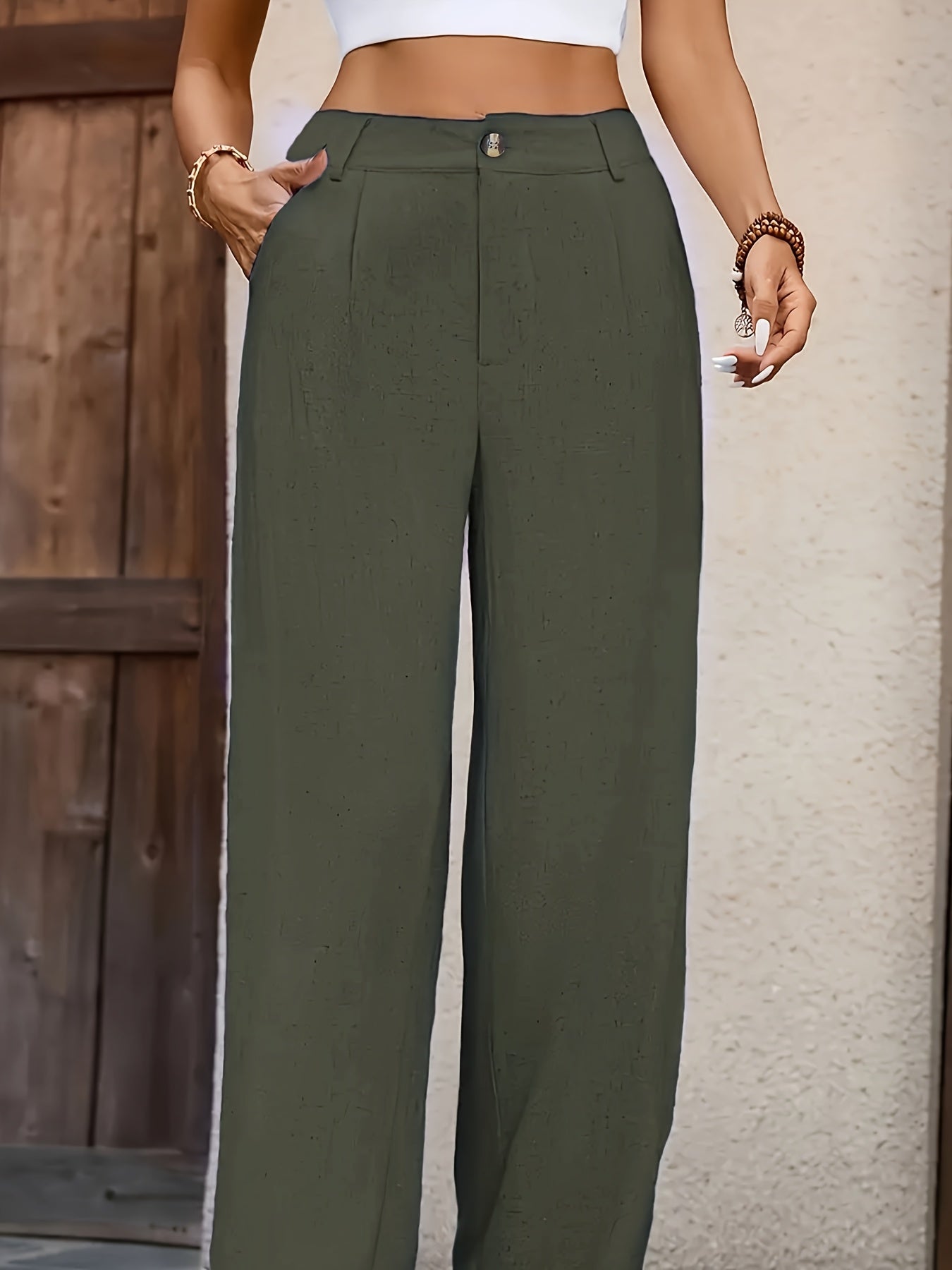Dames broek – Wijde pantalon met hoge taille en knoopsluiting
