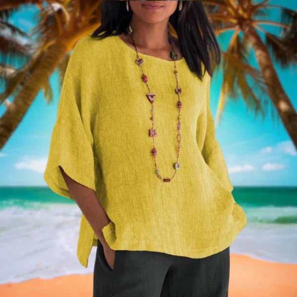 Dames katoenmix Zomerblouse met Wijde Pasvorm – Top met Driekwart Mouwen