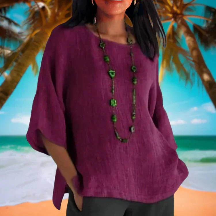 Dames katoenmix Zomerblouse met Wijde Pasvorm – Top met Driekwart Mouwen