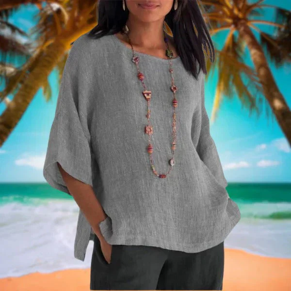 Dames katoenmix Zomerblouse met Wijde Pasvorm – Top met Driekwart Mouwen