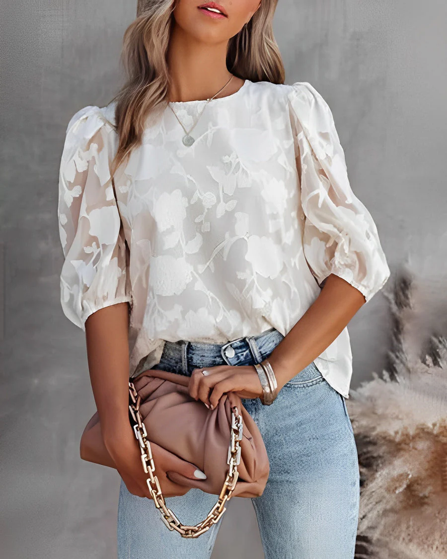 Dames Blouse – Semi Transparant Design met Puff Mouwen en Bloemenreliëf