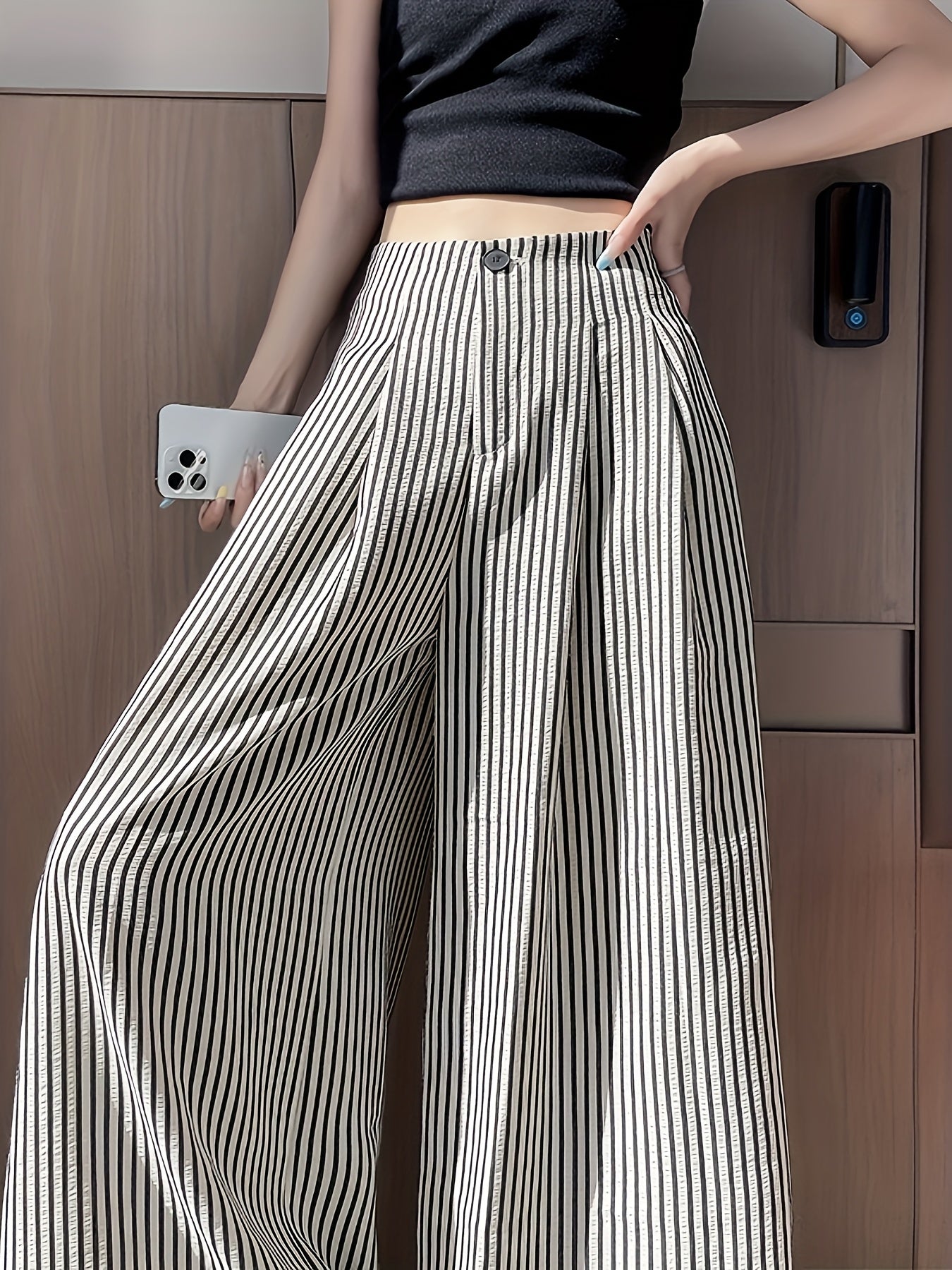 Dames broek – Gestreepte wide leg broek met hoge taille en elastische band