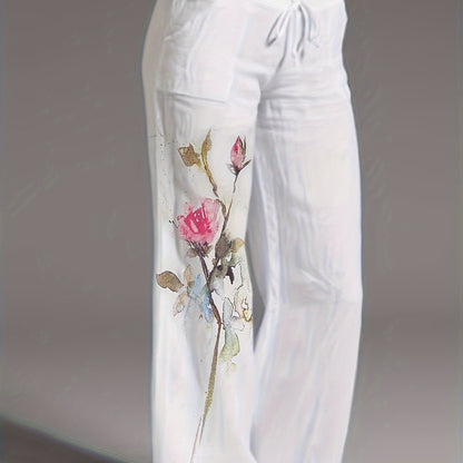 Dames Broek – Witte Linnen Loungebroek met Bloemenprint