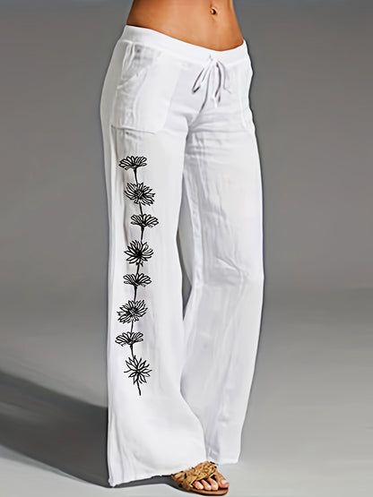 Dames Broek – Witte Linnen Loungebroek met Bloemenprint