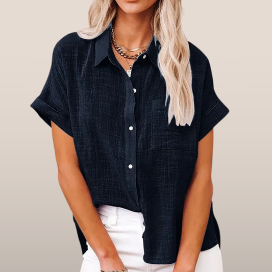 Dames Linnen Blouse met Korte Mouwen – Casual Overhemd met Knopen