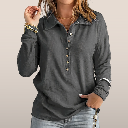 Dames Longsleeve Top met Kraag en Knopen – Casual Blouse met Lange Mouwen