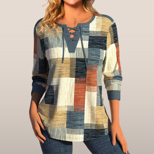 Lange Mouwen Patchwork Top Dames – V-Hals met Vetersluiting en Geometrisch Design