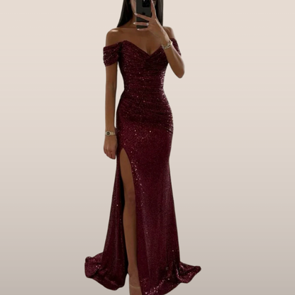 Off Shoulder Maxi Jurk – Pailletten & Hoge Split