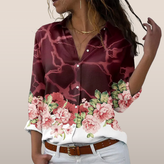 Blouse met Bliksemprint en Bloemenrand – Statement Overhemd met Lange Mouwen