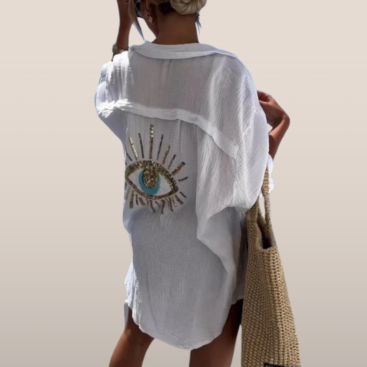 Strand Tuniek met Gouden Oogdetail – Luchtige Oversized Fit