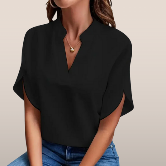 Blouse met V-hals en Korte Mouwen – Minimalistische Elegantie voor Elke Dag