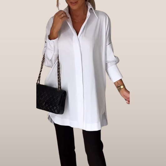 Oversized damesblouse met lange mouwen – Klassiek kraagmodel en verborgen knopen