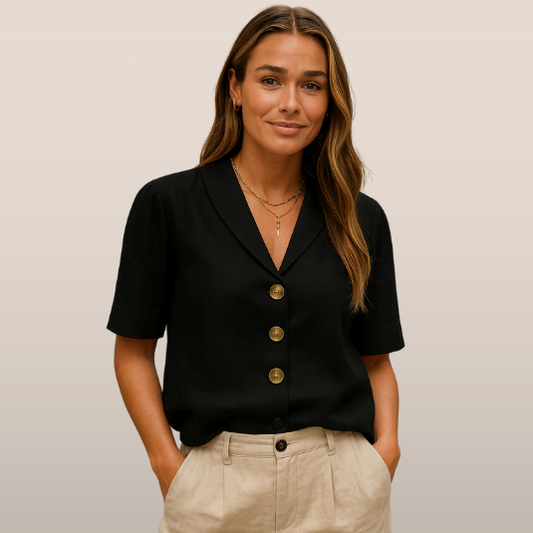 Dames blouse met sjaalkraag – Korte mouwen en knoopsluiting vooraan
